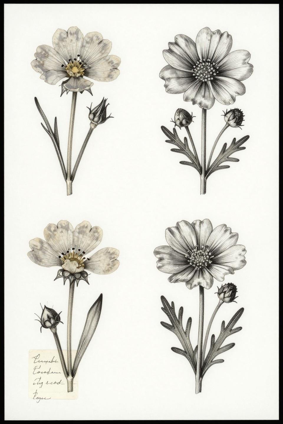 earthy nature tattoo flash, etching woodcut style, four pressed wildflower specimens vertical botanical grid translucent petal cross-sections vintage specimen label handwritten notation, parallel line engraving crosshatch shadows 0.5mm ruled hatching grey wash