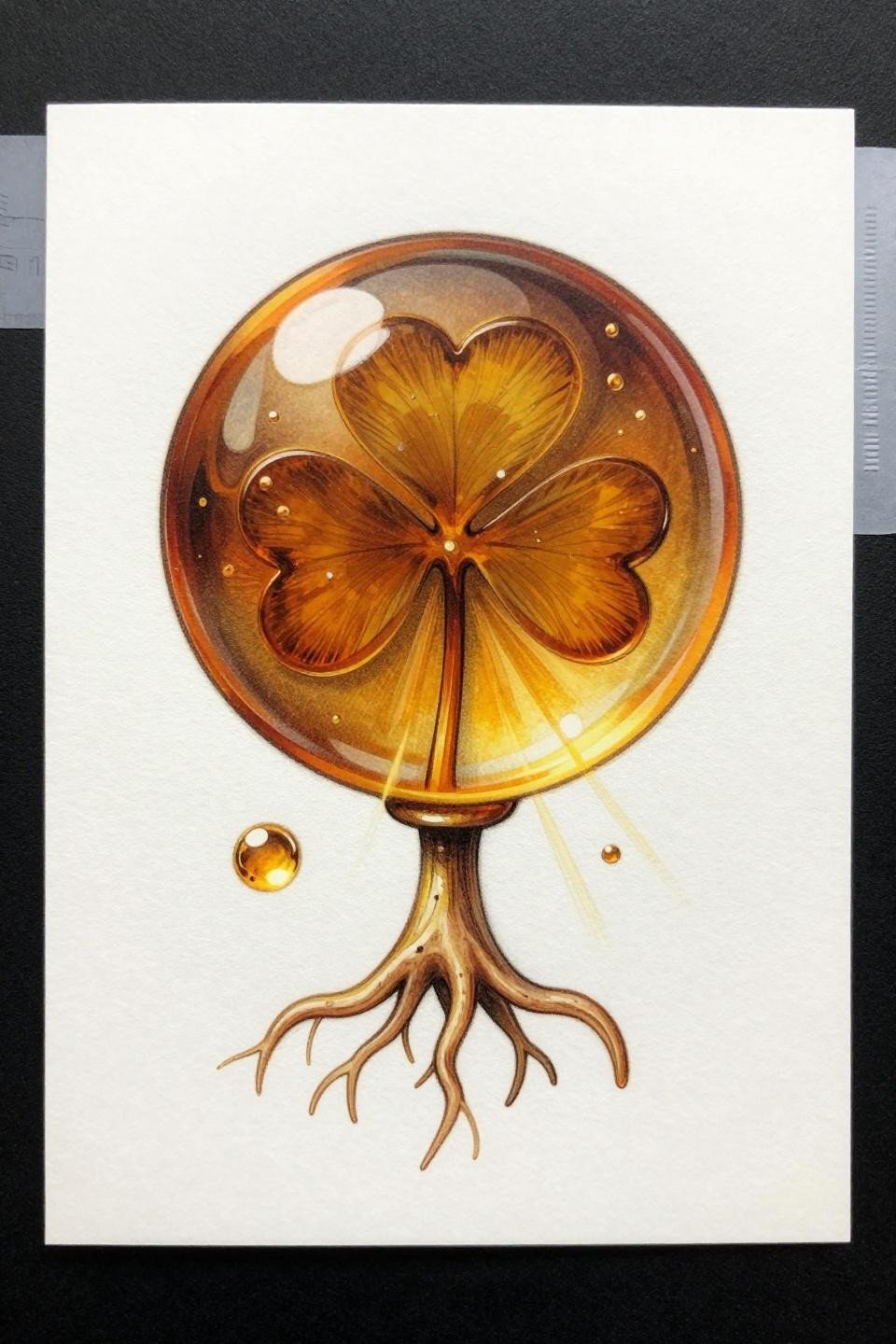 tiny meaningful earthy tattoo flash, micro-realism style, pressed four-leaf clover amber resin sphere golden light rays suspended air bubbles root structure, whip shading smooth gradient rich amber gold deep black