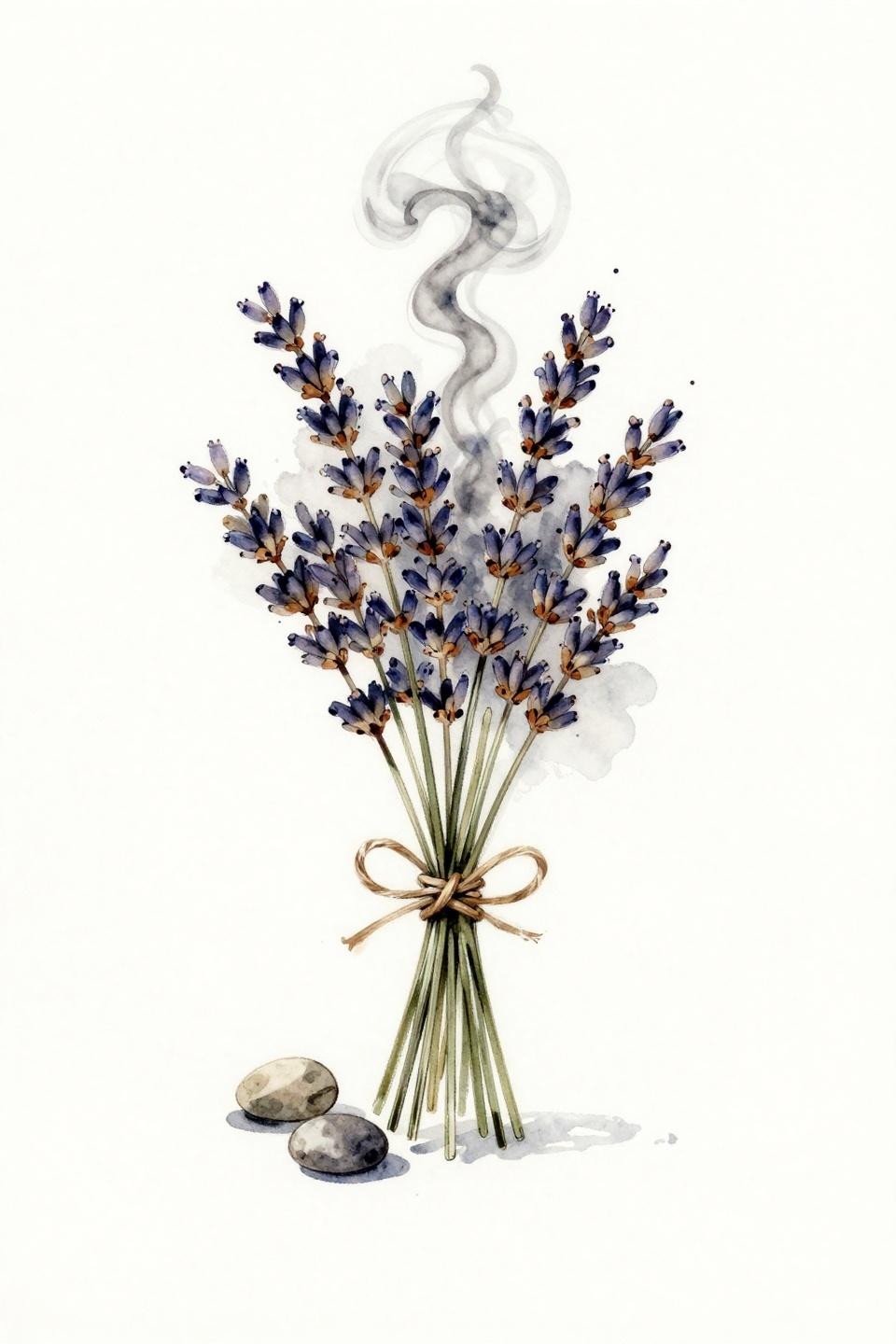 small earthy tattoo flash, watercolor splash style, sage bundle dried lavender twine bow smoke wisps spiraling stones, loose watercolor wash color bleed calligraphic linework muted sage dusty lavender warm taupe soft grey