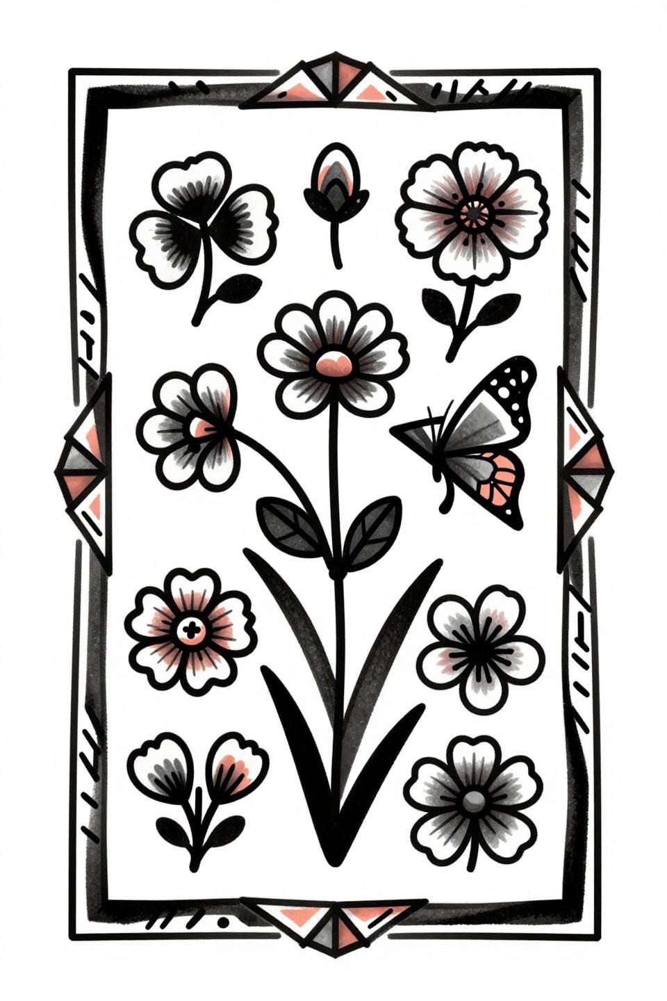 small earthy tattoo flash, tribal geometric style, pressed wildflower bookmark vertical clover buttercup abstracted angular shapes geometric border botanical margin notes as linear glyphs, bold outlines flat coral charcoal fills