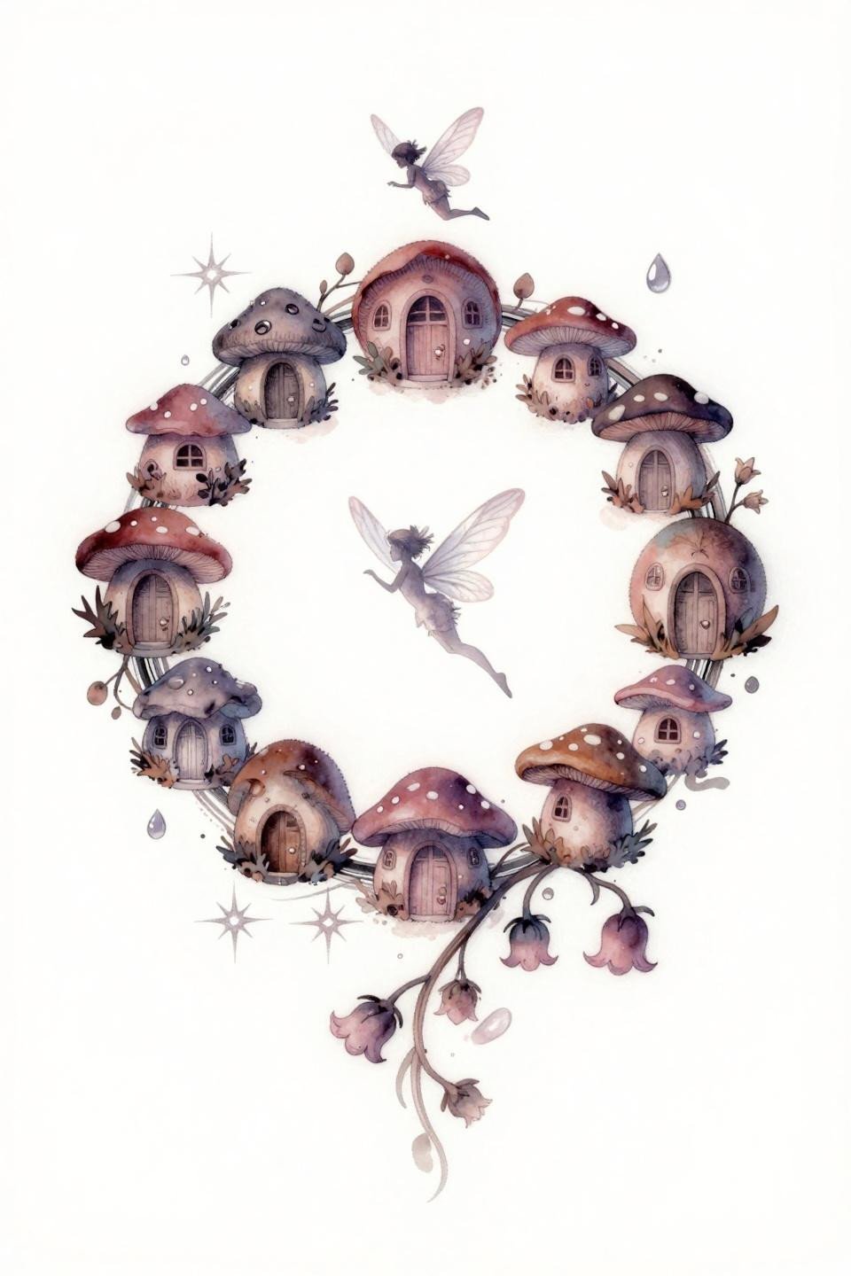 whimsigoth earthy tattoo flash, surrealist fairy ring toadstool mandala, gossamer fairy silhouettes, soft sage dusty rose muted ochre watercolor wash, calligraphic brush ink