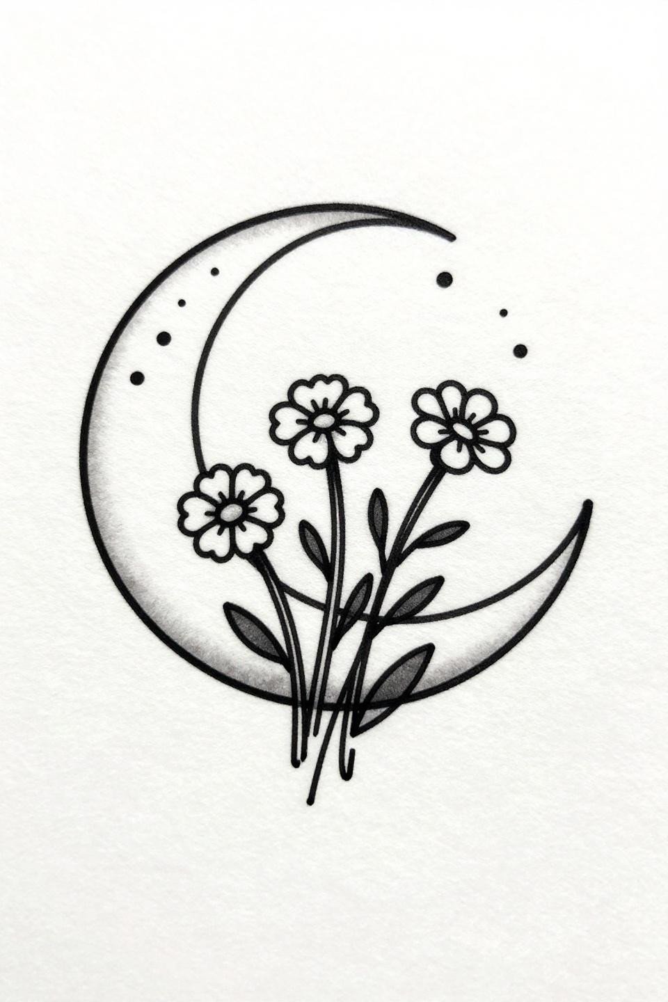 whimsigoth earthy tattoo flash, single continuous line style, crescent moon cradling clover yarrow buttercup wildflower stems celestial dots moon curve, bold outlines flat fills dense black ink centered mandala
