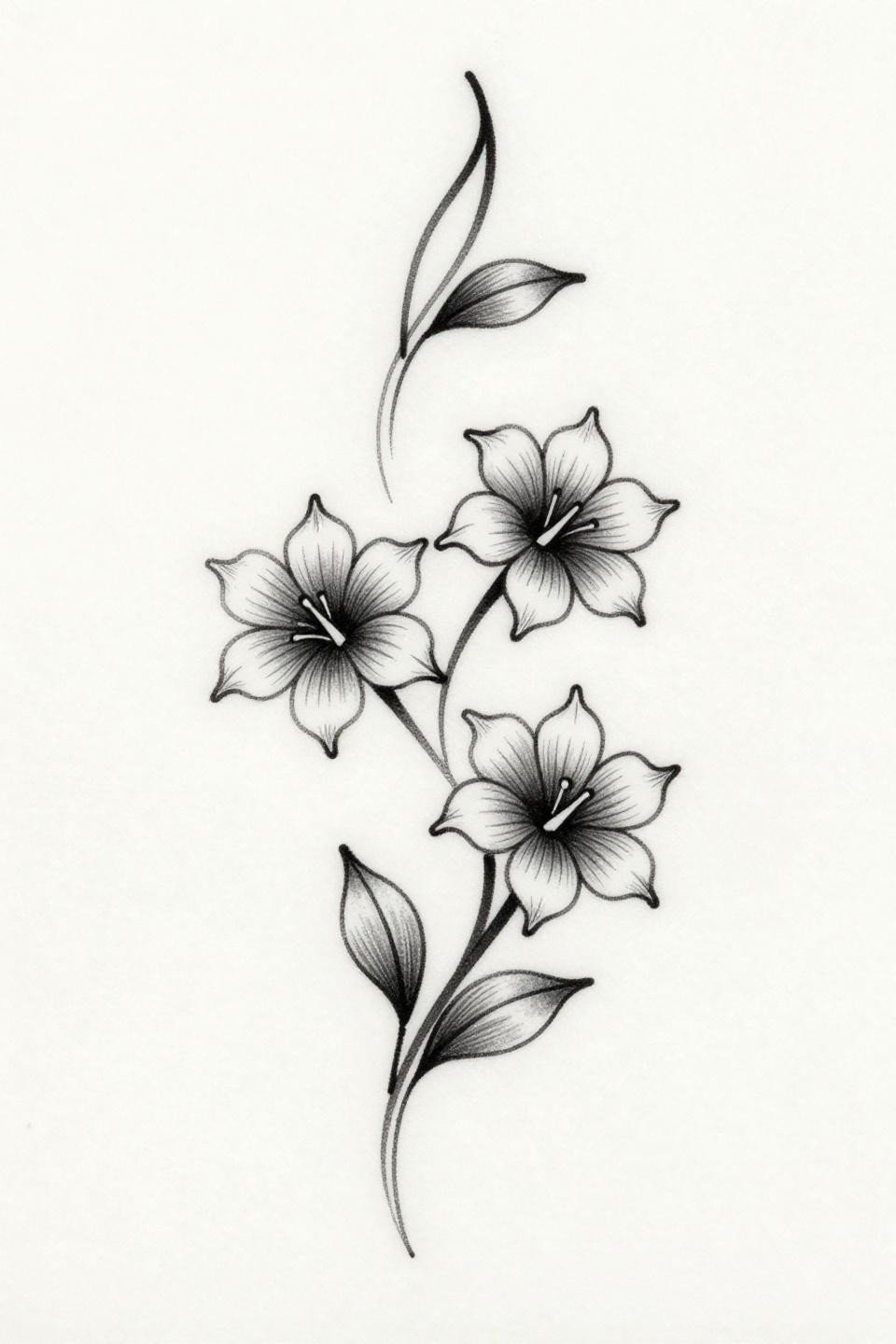 botanical scientific henna vine flash, 0.5mm hairline single continuous line, three teardrop flowers, organic leaf tendrils, no fill on white paper