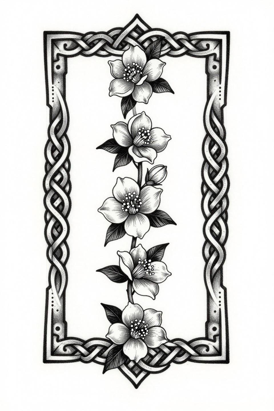 Celtic knotwork henna flash, five jasmine blossoms vertical cascade, parallel line crosshatch, interlocking knot border, geometric corner flourish on white paper