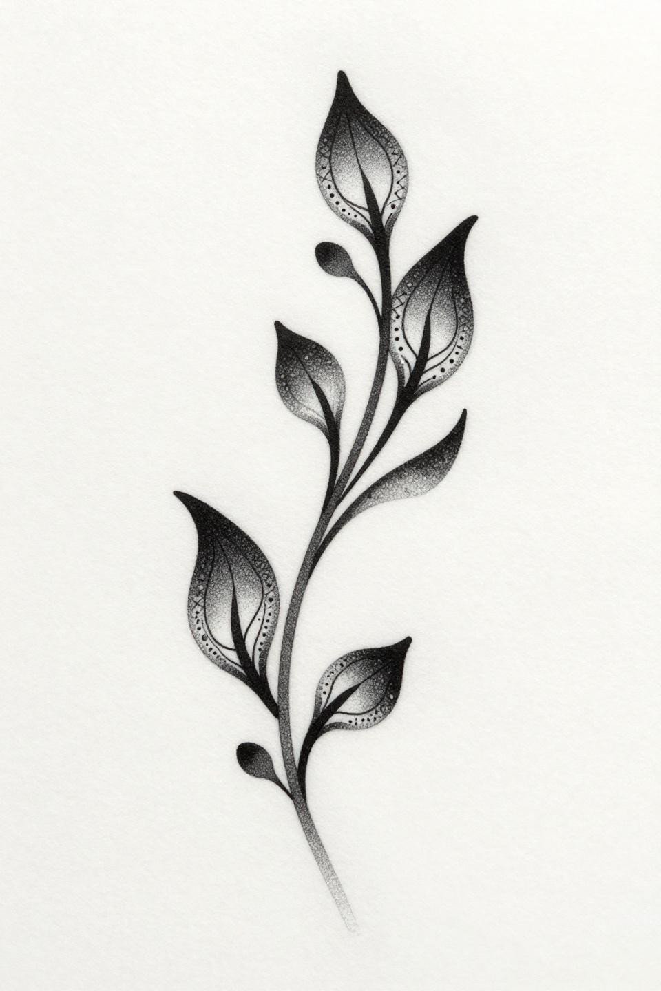 blackwork dotwork henna spiral vine flash, stipple dot gradient, no outline, S-curve stem, teardrop buds on white paper
