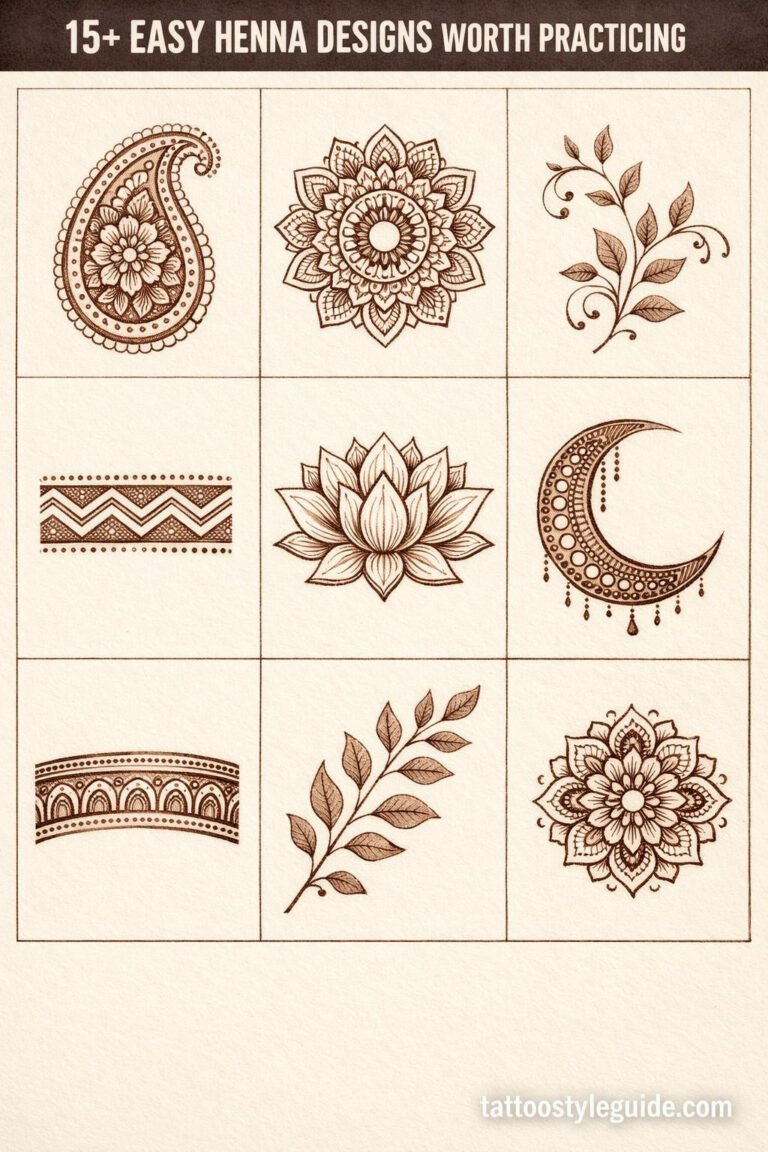 Easy henna designs flash sheet with 9 motifs in 3x3 grid, fine 0.5mm linework, sepia-brown ink on cream paper, botanical illustration style