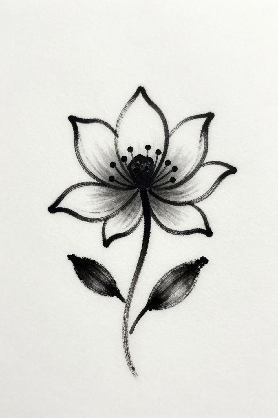 single continuous line minimalist lotus flash, unbroken calligraphic stroke, four curved petals, radiating stamens, no grey wash on white paper