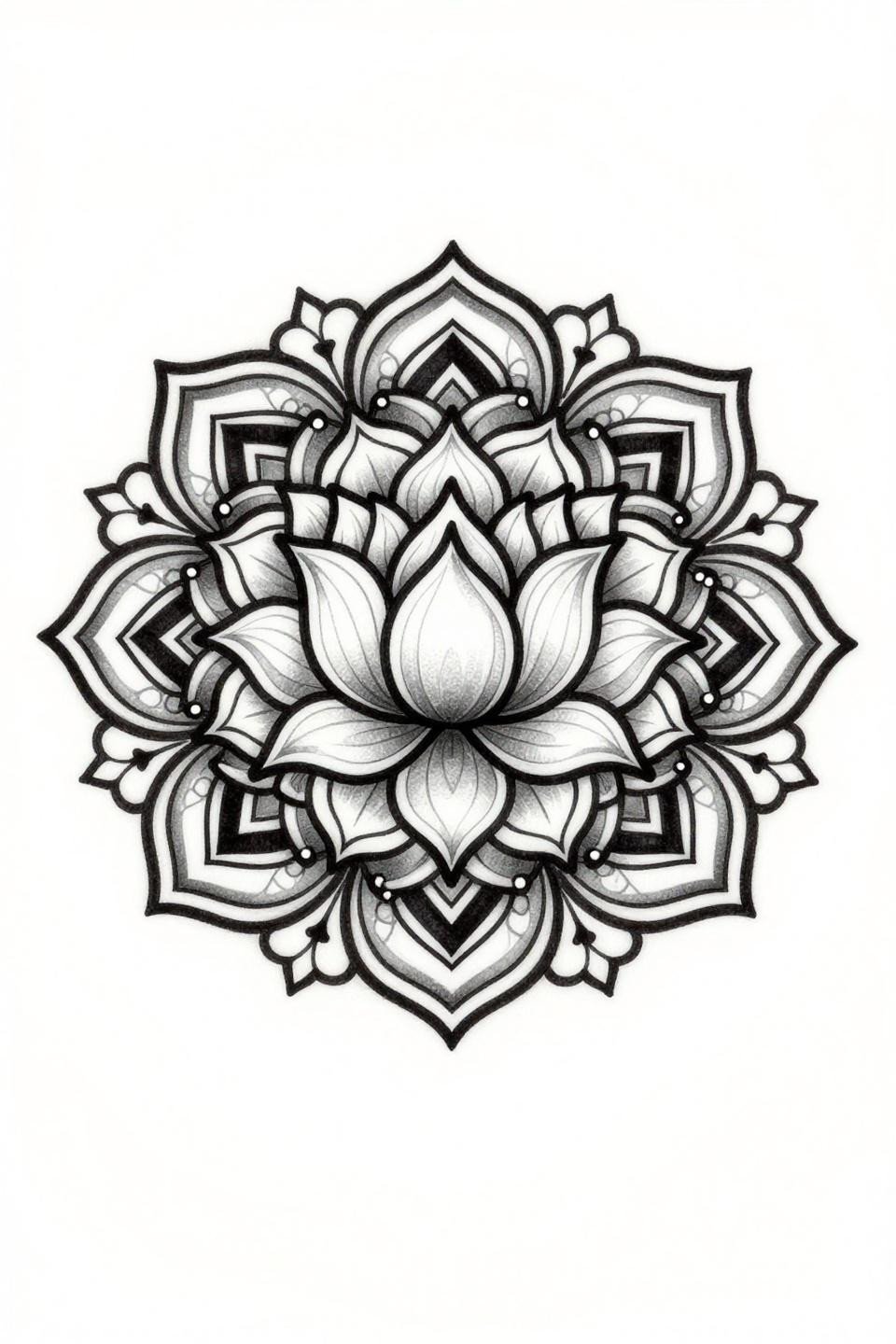 art nouveau henna mandala flash, eight concentric petal layers, vine connectors, diamond lattice fills, vector-precision linework on white paper