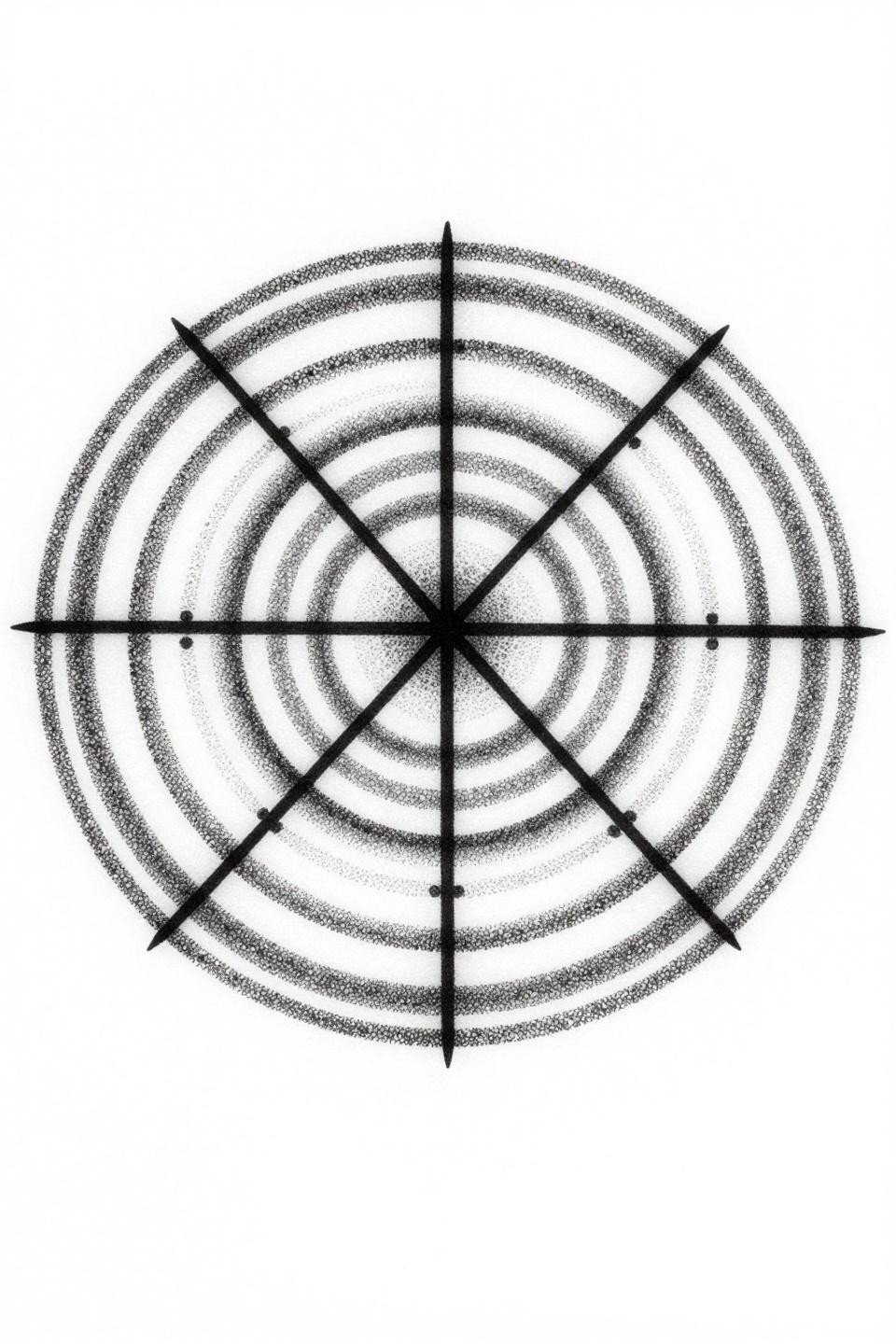 sak yant stipple dotwork mandala flash, seven concentric circles, cardinal point dots, dense cluster rings, open spacing between rings on white paper