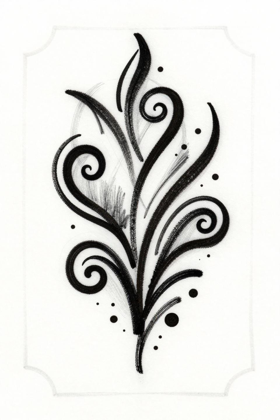 sketch raw style henna mango motif flash, loose gestural pen lines, bold 2pt outline, spiral tendrils, flat ink fill on white paper