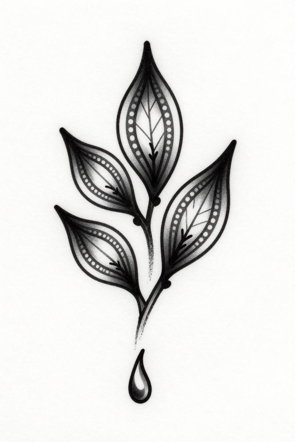 neo-traditional henna paisley flash, bold 2-3pt outline, spiral vein tracery, asymmetric leaflet composition, flat black ink fill on white paper