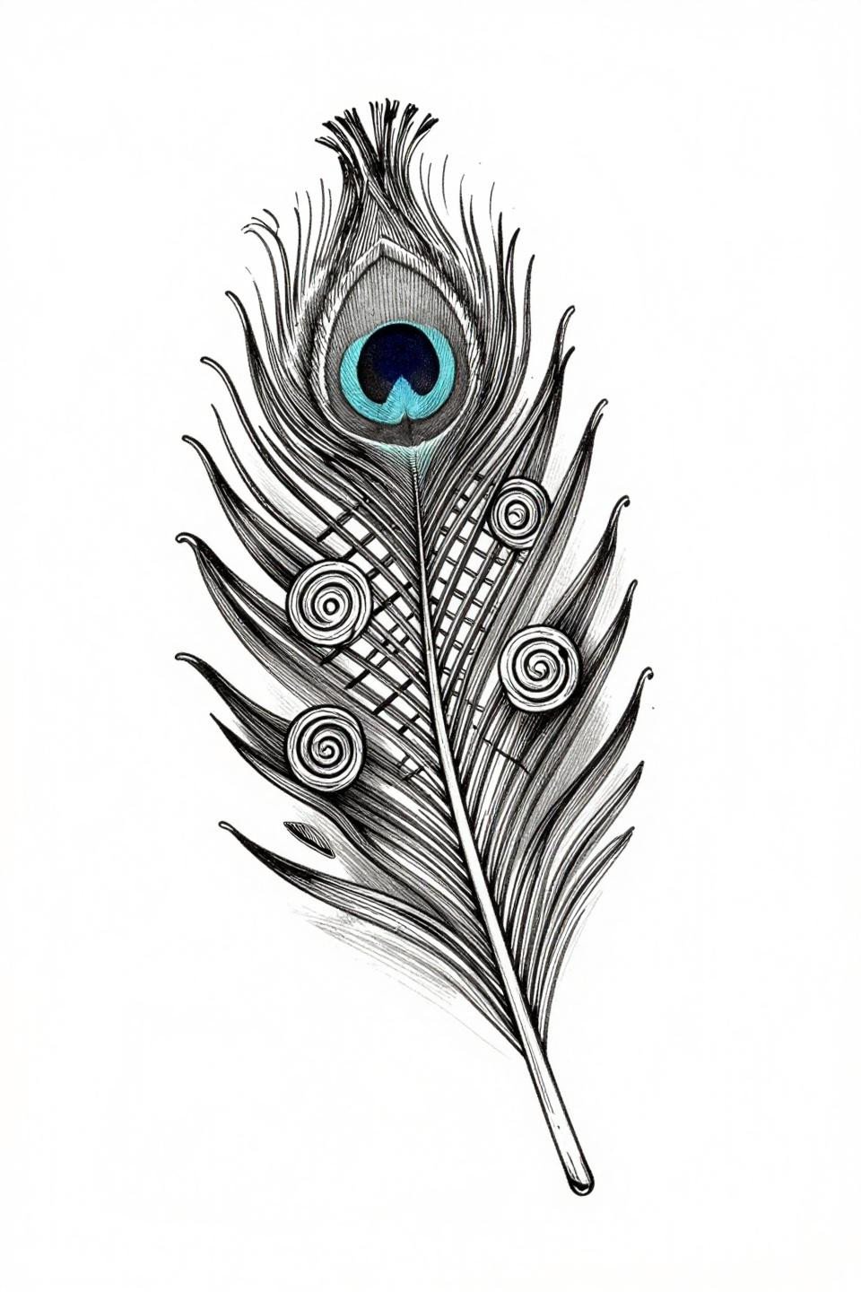 etching woodcut henna peacock feather flash, crosshatch parallel line shading, teardrop eye motif, spiral ornaments, dense-to-open gradient on white paper
