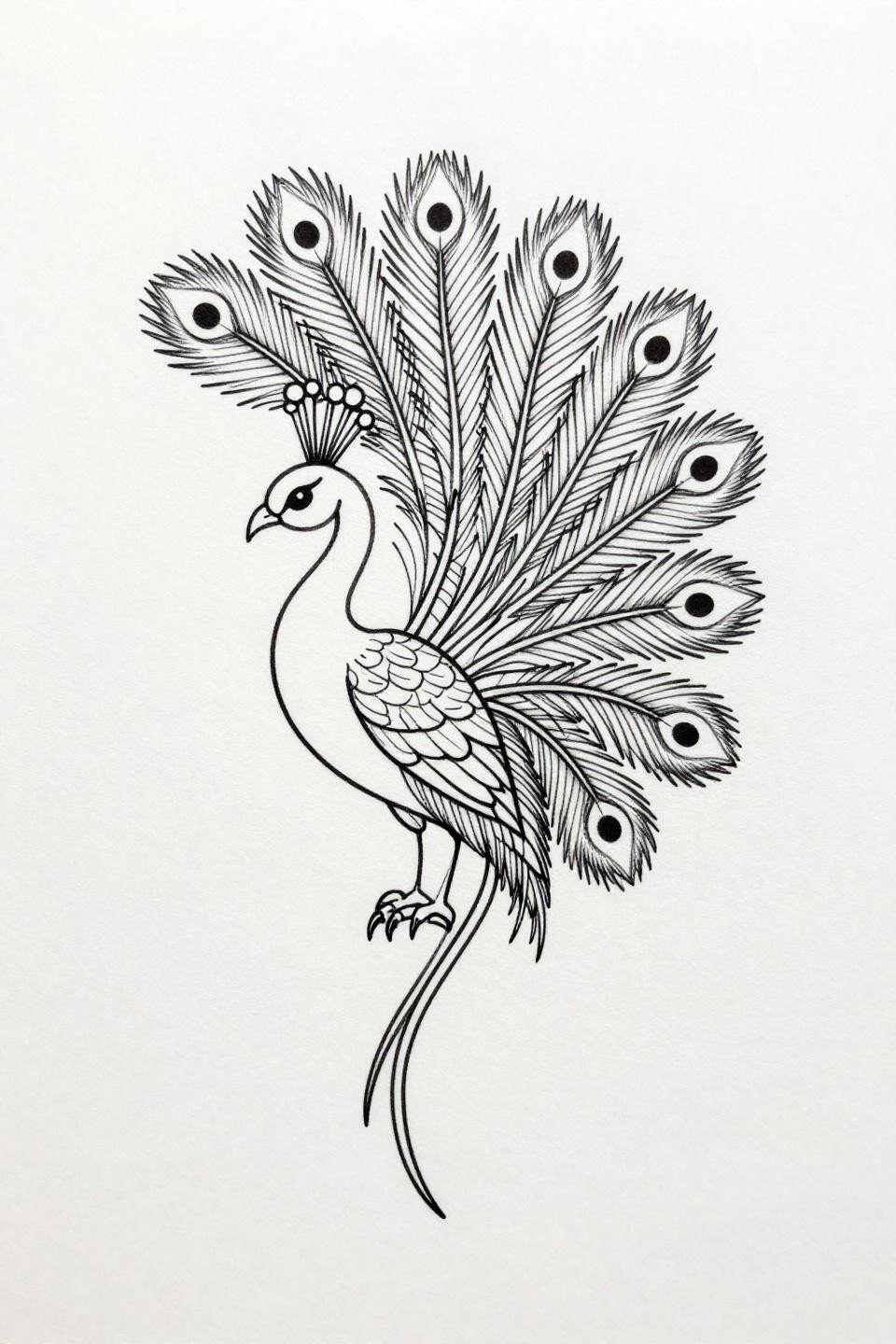 fine line minimal henna peacock flash, 1pt crisp outline, geometric botanical tail feathers, single dot eye, open negative space on white paper