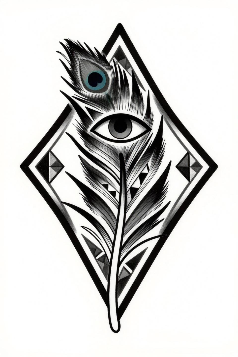 tribal geometric henna peacock feather flash, diamond frame eye motif, triangular tile lattice fills, bold 2-3pt outline, bilateral vertical symmetry on white paper