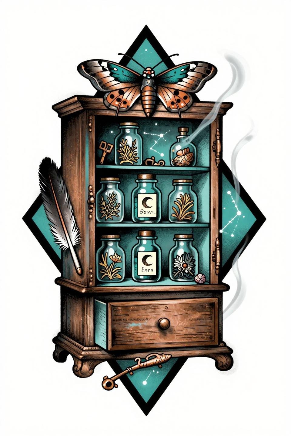 earthy tattoo old school traditional style apothecary cabinet flash, bold 2-3pt black outlines, flat deep teal fills, copper metallic accents, diamond frame