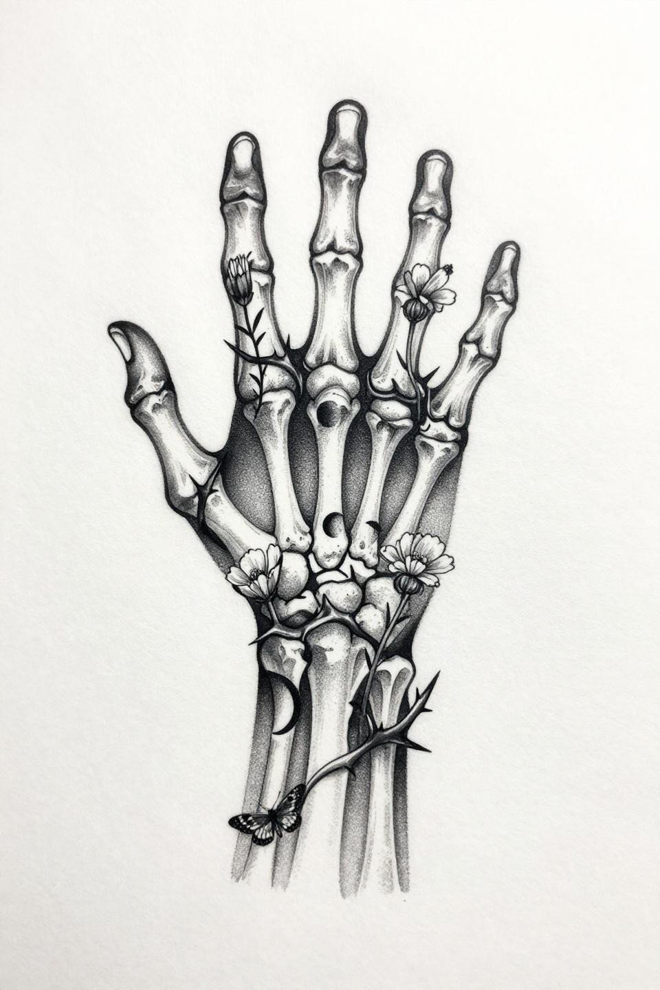 dark feminine tattoo blackwork dotwork style flash, skeletal forearm anatomy wildflower stems, stipple dot gradient 90% dense to open edges, grey wash midtones