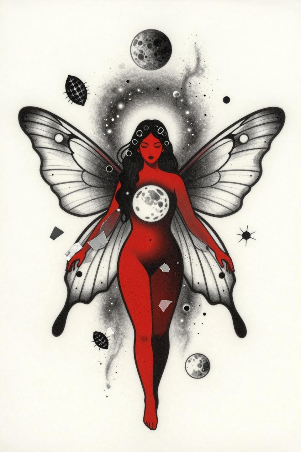 dream tattoo trash polka style celestial moth flash, bold black outlines, flat crimson fills, torn paper collage fragments, bilateral symmetry vertical axis
