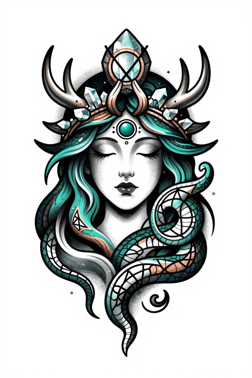 magical tattoo neo-traditional style celestial priestess flash, bold 2-3pt black outlines, flat deep teal copper metallic fills, crystal antler crown, serpent sacred geometry sigils