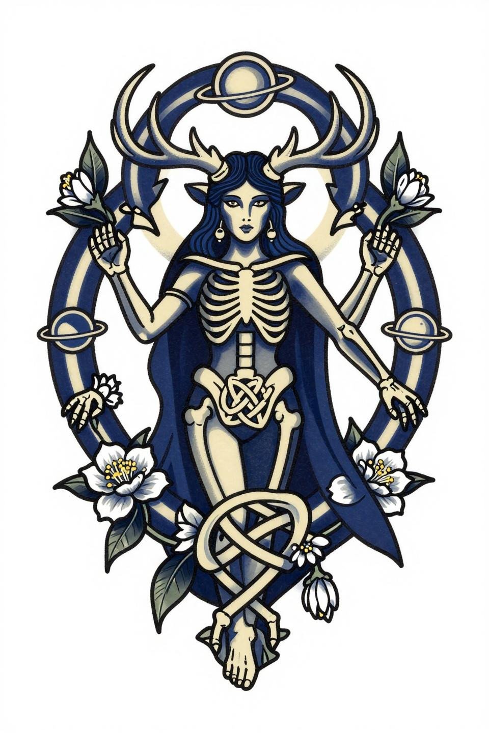 whimsical tattoo Celtic knotwork style lunar deity flash, bold 2-3pt black outlines, flat navy blue warm cream fills, triquetra knotwork ribcage, bilateral symmetry