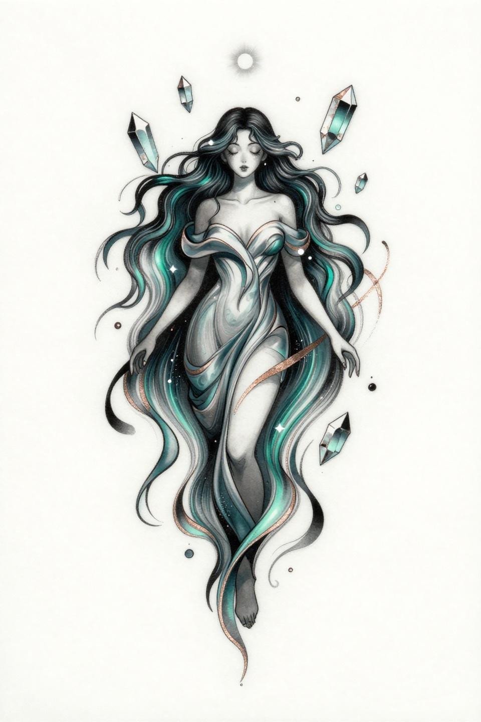 ethereal tattoo ideas continuous line style goddess flash, one unbroken calligraphic stroke, deep teal ink copper accents, aurora borealis hair, crystalline geometric shapes