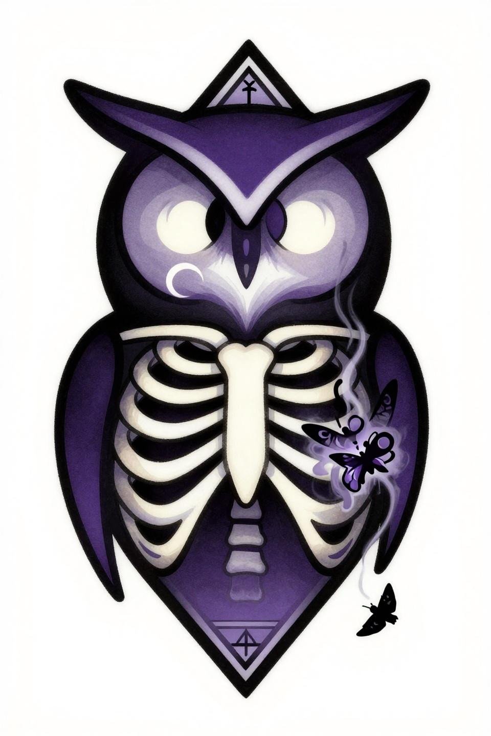 dark feminine tattoo art deco style flash, elongated occult figure, bold black outlines, flat deep violet and obsidian fills, diamond border composition