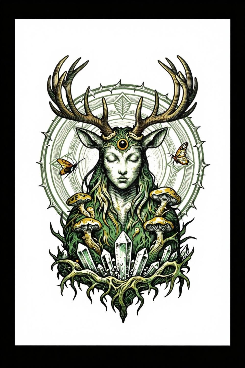 flowy tattoo etching woodcut style forest spirit flash, parallel line engraving, dense crosshatch shading, circular mandala composition, forest green gold ink on black