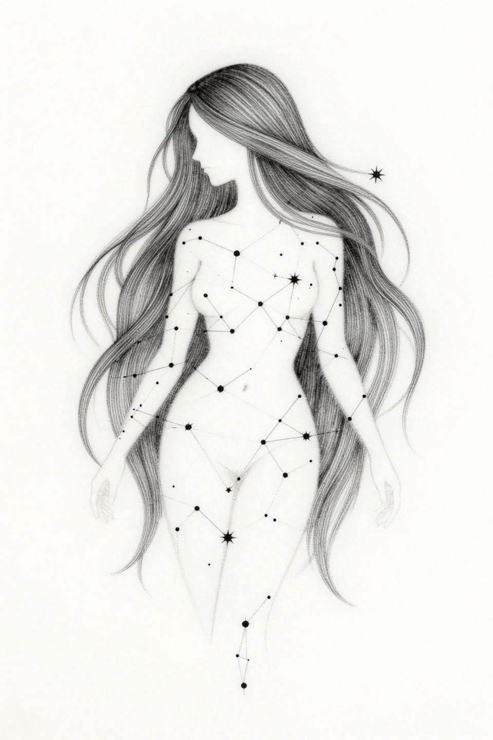mystical tattoo fine line minimal style constellation goddess flash, hairline 0.5mm single-needle strokes, open negative space, black ink grey wash dilution midtones
