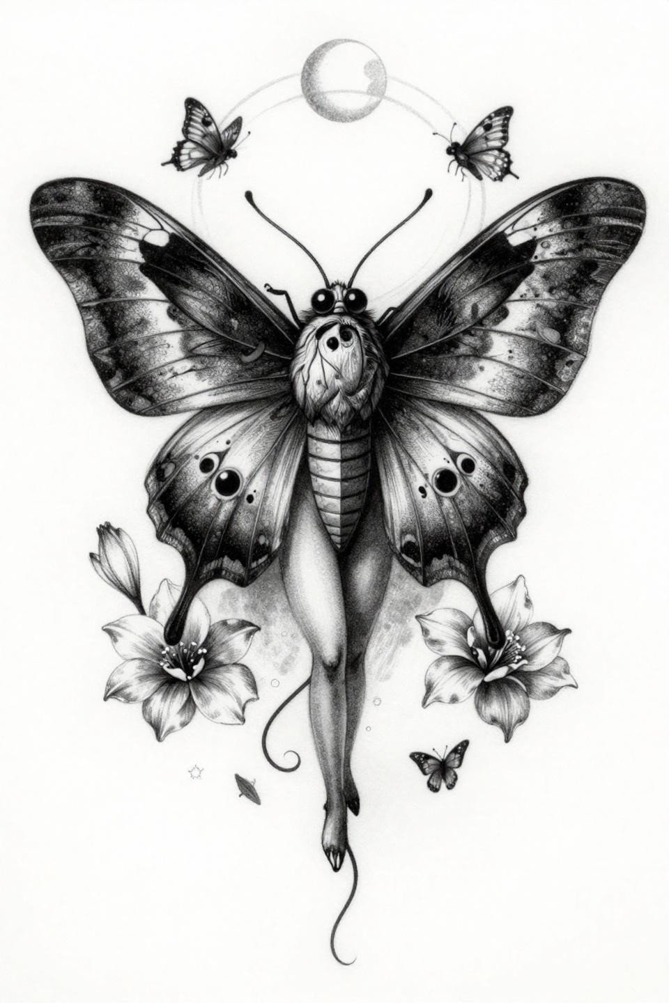 ethereal goddess tattoo micro realism style, hairline 0.5mm single-needle strokes, stipple shading, dense black ink grey wash gradient no color