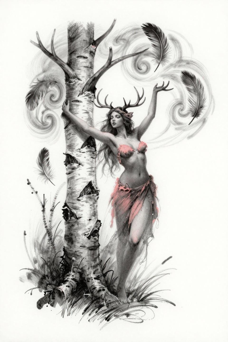 goddess tattoo surrealist style forest nymph flash, whip shading gestural strokes, coral pink charcoal grey on white, figure dissolving into birch saplings, asymmetric organic composition