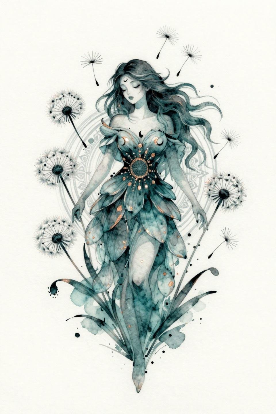 dream tattoo watercolor splash style flower goddess flash, calligraphic ink skeleton with watercolor bleed, deep teal copper metallic washes, circular mandala composition