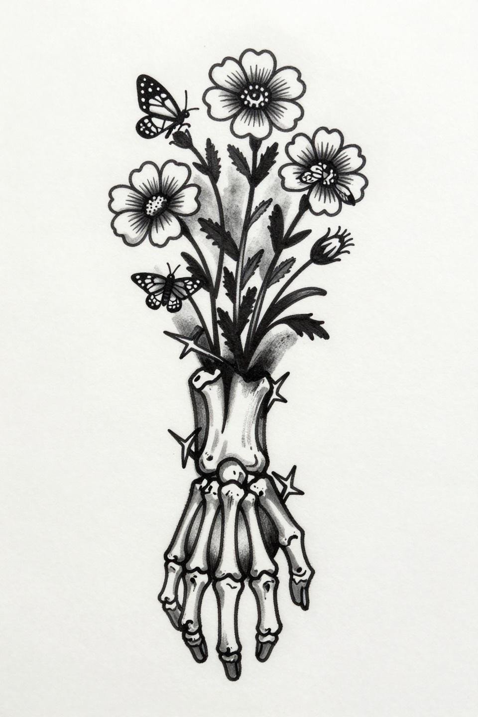 mystical tattoo ignorant style flash, skeletal forearm bones with wildflower stems, bold 3-4pt crude black outlines, intentionally imperfect hand-drawn linework