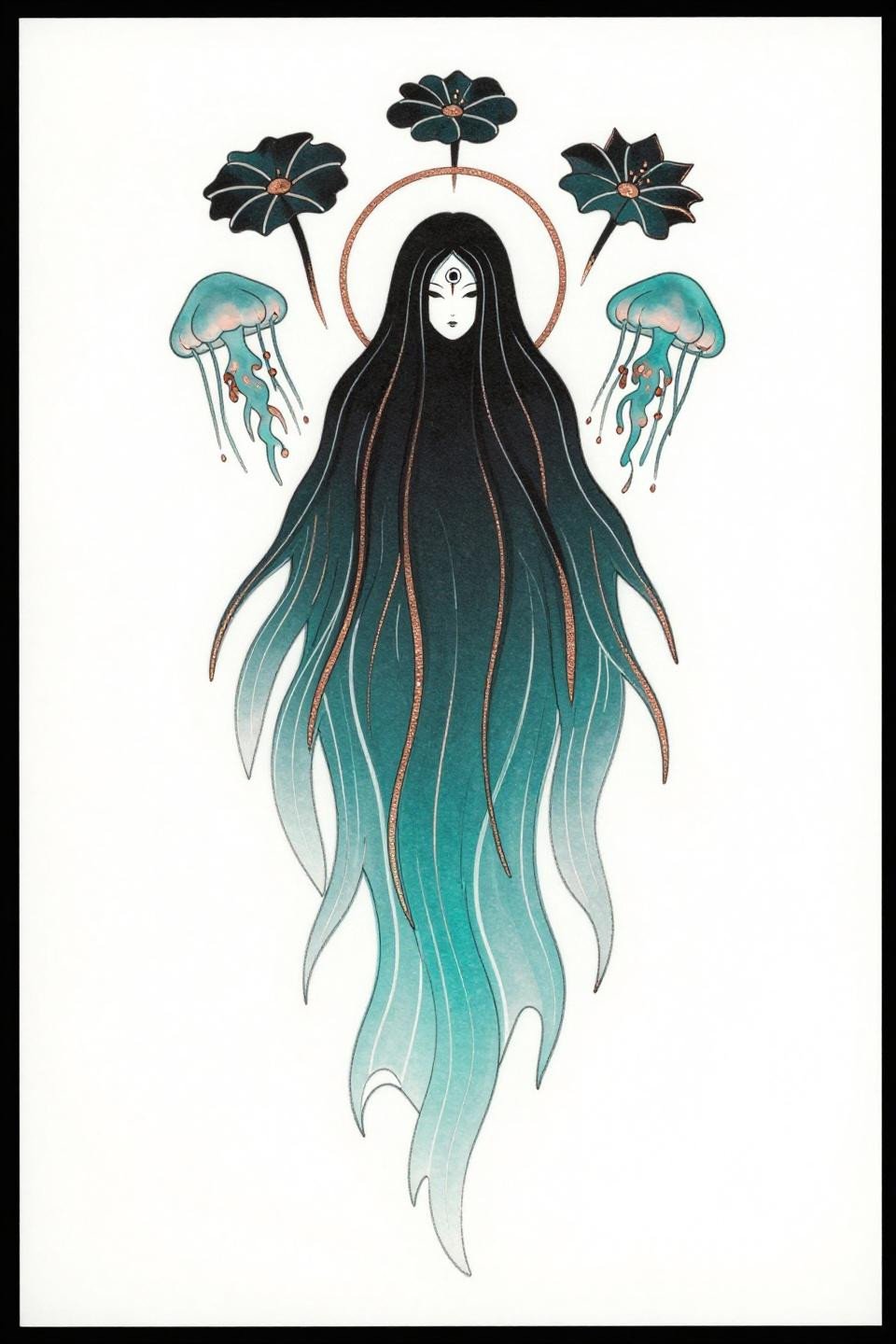 unique feminine tattoo Japanese irezumi style water spirit flash, bold 2-3pt black outlines, flat deep teal fills, bioluminescent jellyfish tendrils, bilateral symmetry