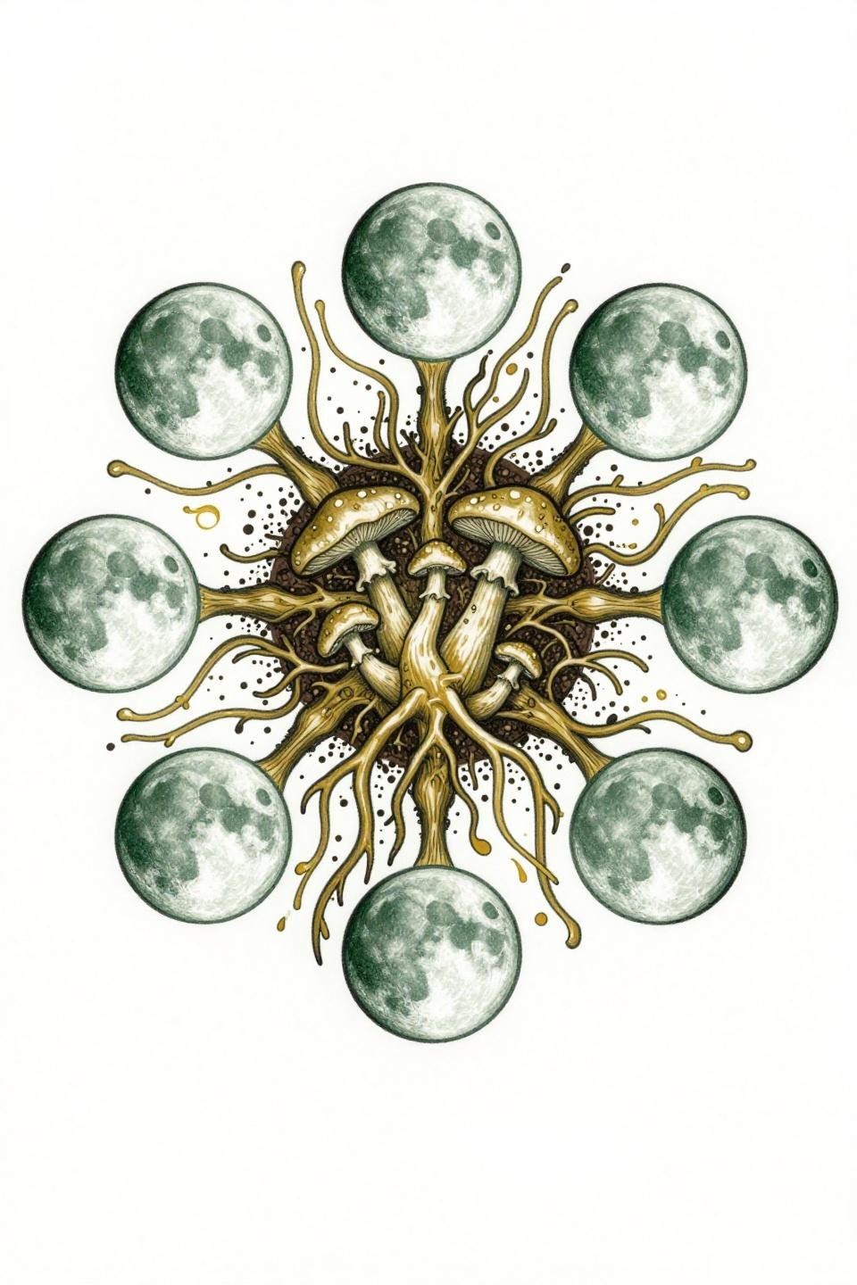 earthy tattoo botanical scientific style moon phase mandala flash, clean vector precision linework, forest green gold fills, mycelium fungi network, circular mandala symmetry