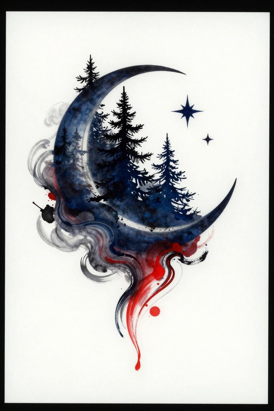 ethereal tattoo ideas art nouveau style moon forest flash, crescent moon with pine forest silhouette, fluid line weight variation, deep indigo crimson ink, dramatic negative space