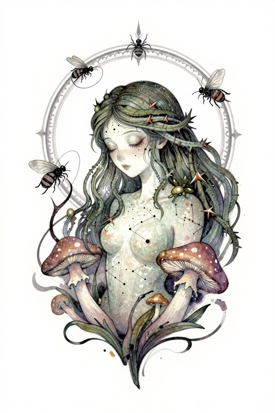 ethereal tattoo sak yant style plant spirit flash, circular mandala frame, watercolor washes over fine linework, muted sage and dusty rose palette