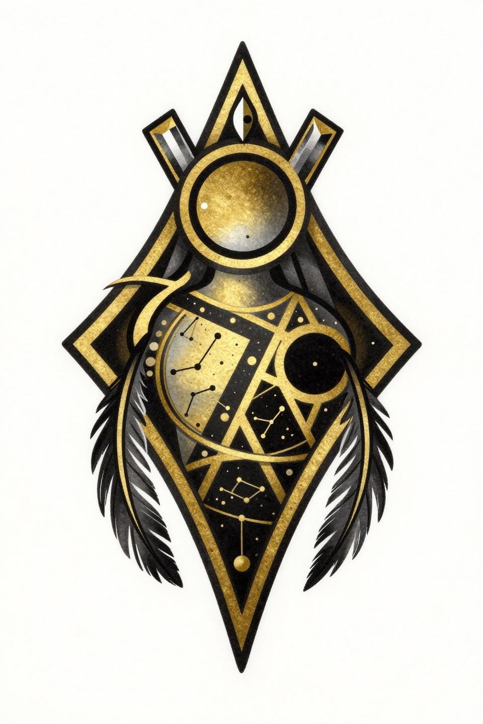 magical tattoo tribal geometric style flash, bold 2-3pt black outlines, flat gold metallic fills, bilateral symmetry, diamond frame composition on white paper