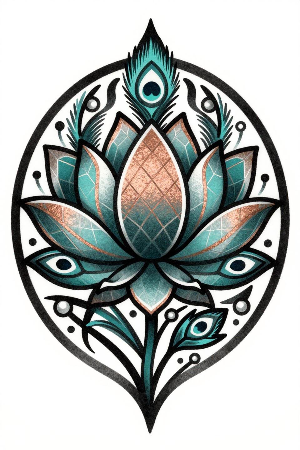 fancy mehndi designs art deco flash, bilateral lotus bloom, faceted peacock chevrons, teal and copper fills, bold 2-3pt black outline, tondo border