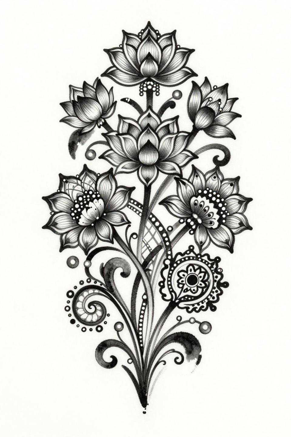 trending mehndi designs art nouveau flash, filigree lotus blooms diagonal asymmetric, vine spirals paisley lattice, calligraphic brush ink strokes, fluid curved lines, grey wash midtones