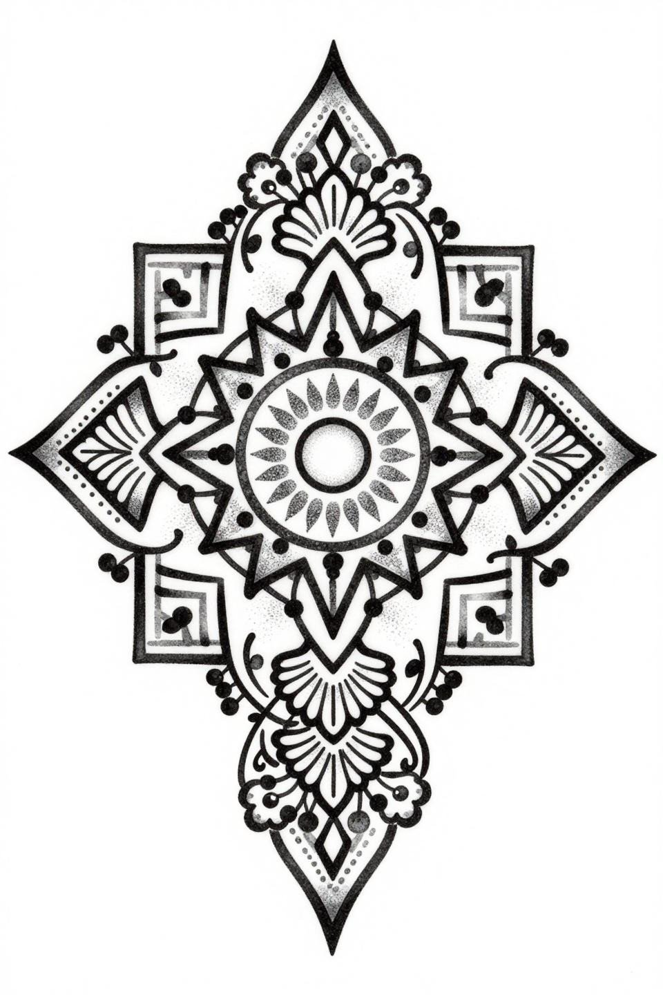trending mehndi designs blackwork dotwork flash, diamond frame sunburst, stipple dot gradient dense to open, bilateral symmetry, corner floral cartouches, grey wash midtones