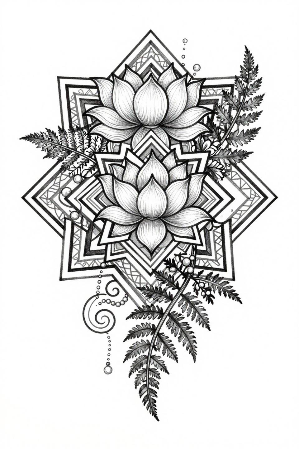 aesthetic mehndi designs fine line minimal flash, lotus nested geometric squares, cascading fern fronds asymmetric, hairline 0.5mm linework, pearl dot spirals, open negative space
