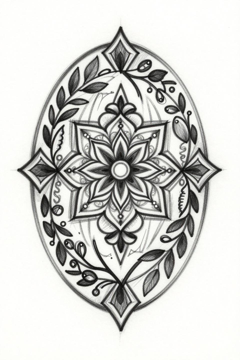 Pakistani mehndi designs sketch style flash, oval mirror frame, nested floral mandala, bold outlines, grey wash midtones, hexagonal lattice fills, dense black ink
