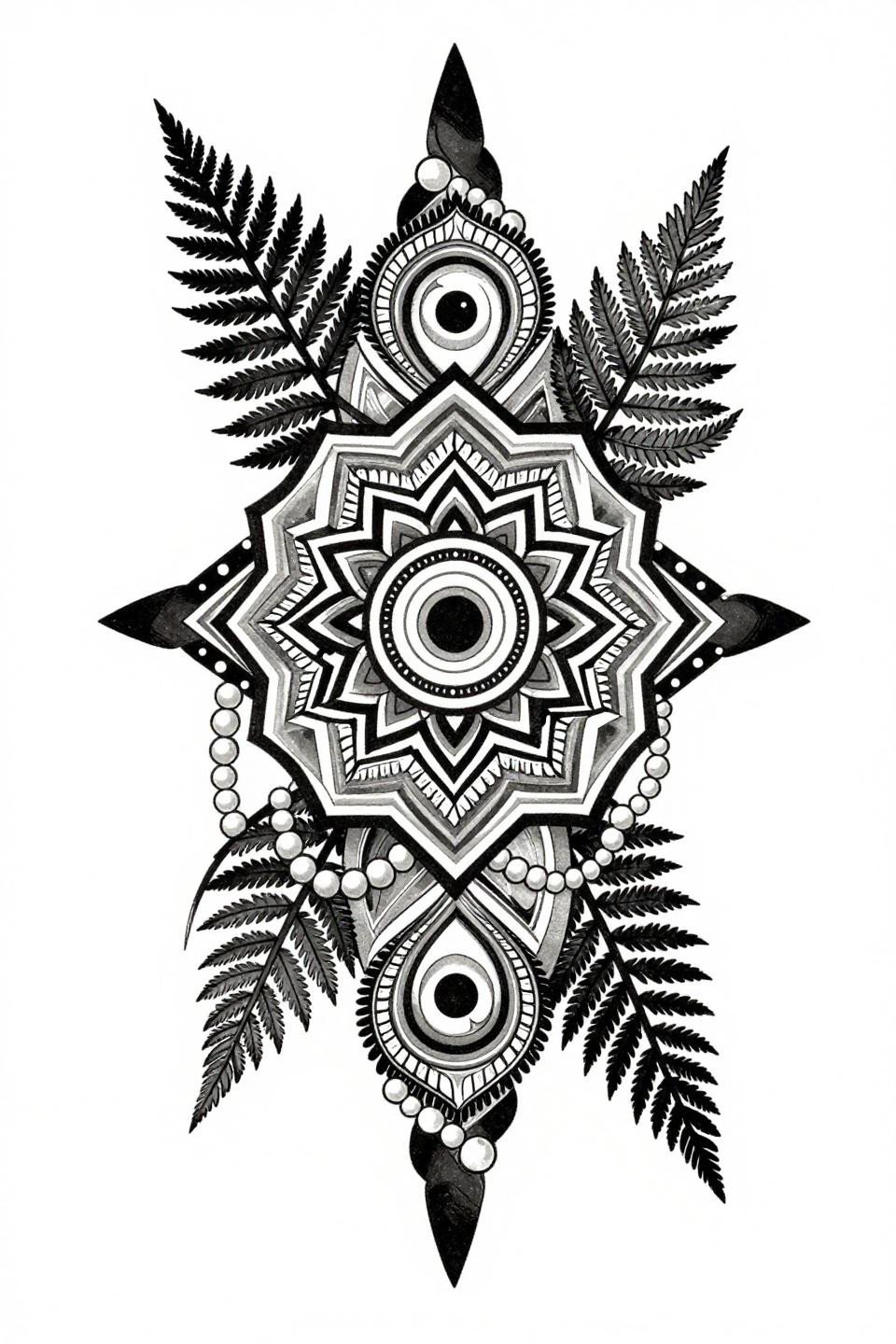 latest mehndi designs unique Japanese Irezumi flash, hexagonal mandala center, peacock feather eye motifs, fern fronds pearl dot chains, bilateral vertical symmetry, dense black grey wash