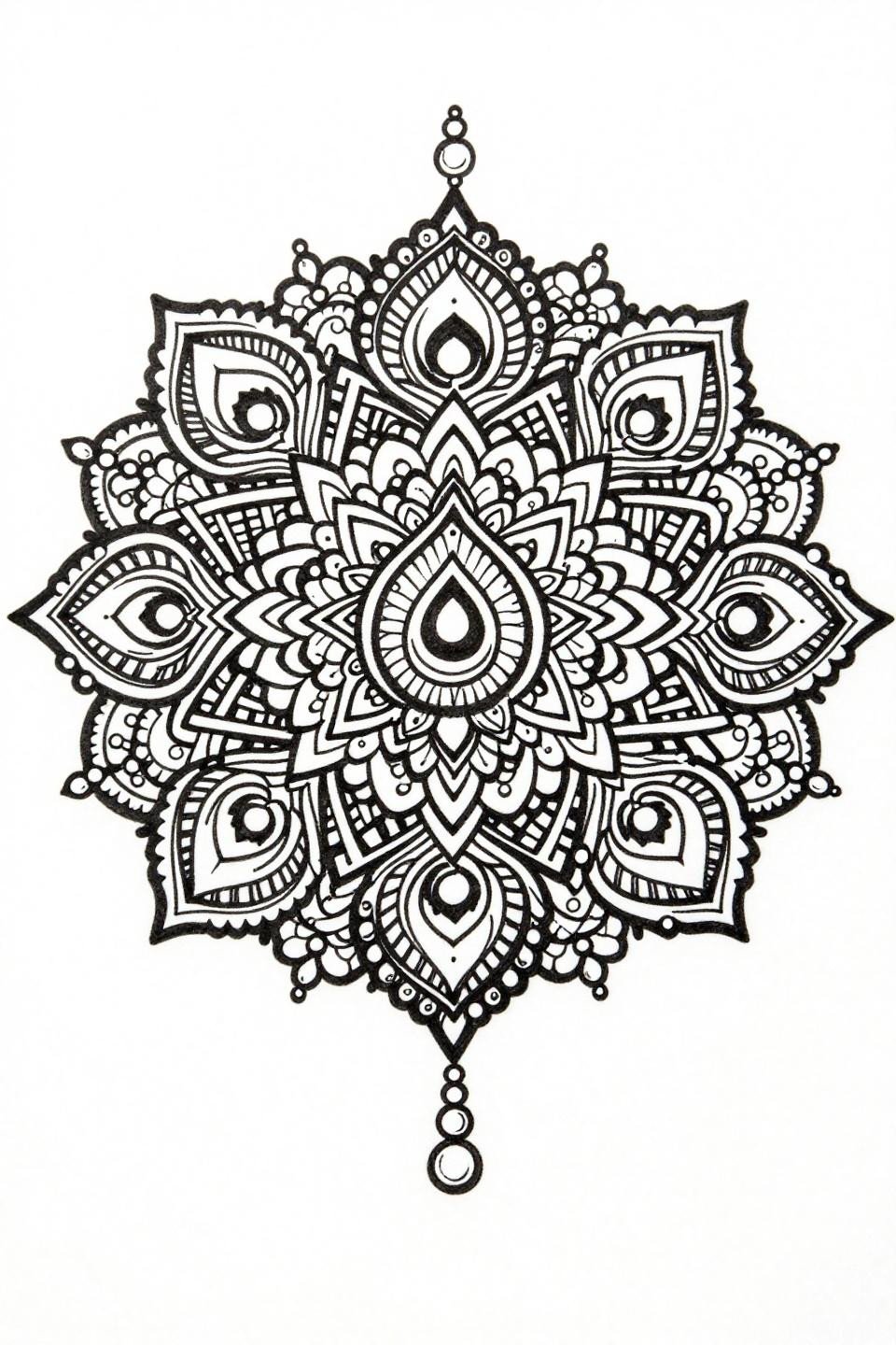 trendy mehndi designs single continuous line mandala flash, nested peacock eye shapes, radiating geometric vine lattice, pearl dot clusters, radial symmetry, pure outline no shading