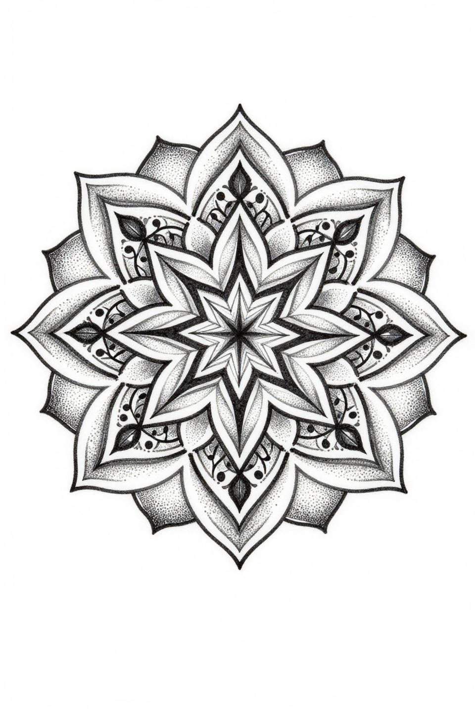 new mehndi designs unique tribal geometric mandala flash, 8-pointed star center, concentric stipple dotwork circles, teardrop leaf vines, radial symmetry, dense to open dot gradient