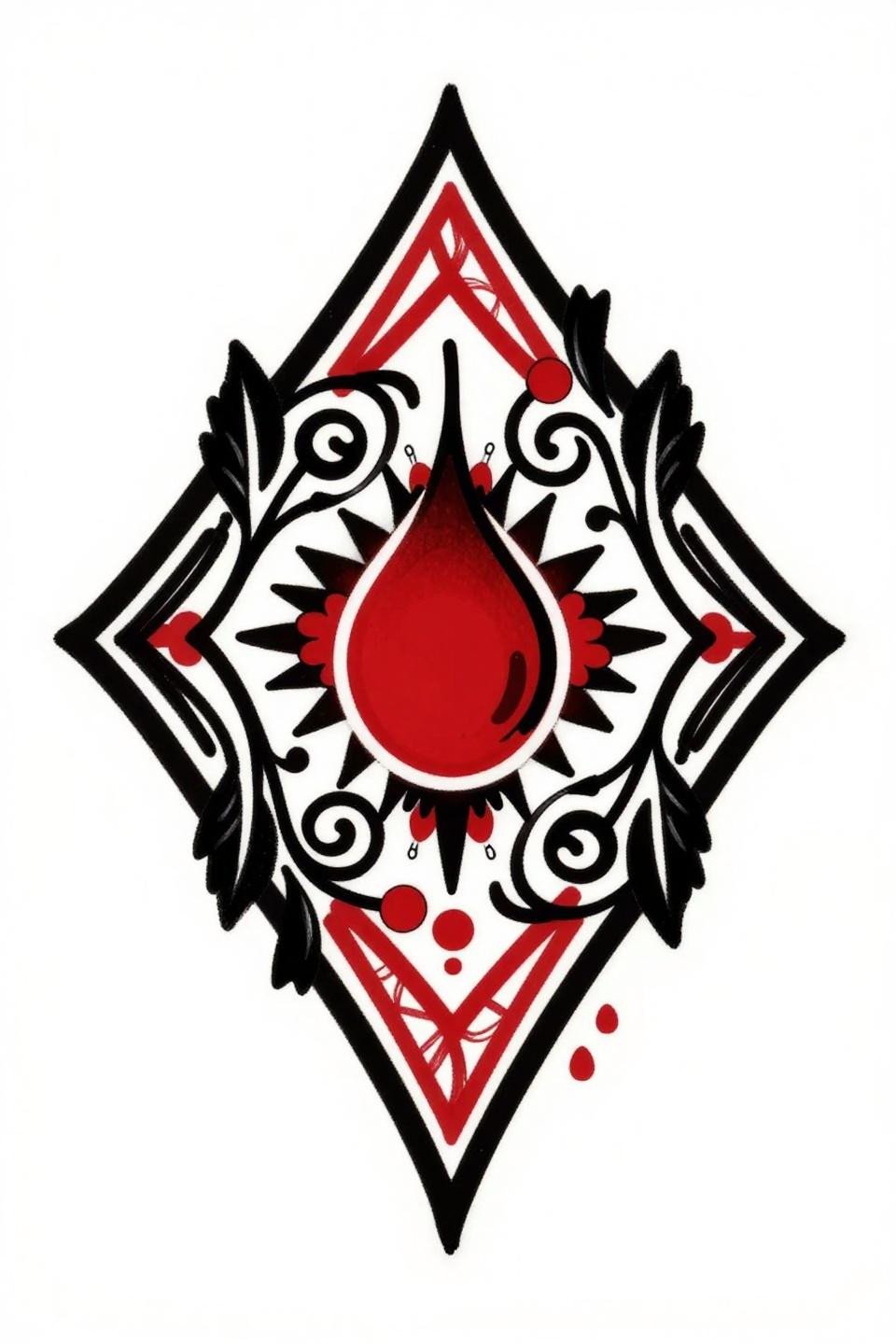 stylish mehndi designs front hand neo-traditional flash, central teardrop concentric arcs, thistle floral spikes, crimson red accent, bold 2-3pt outlines, diamond frame