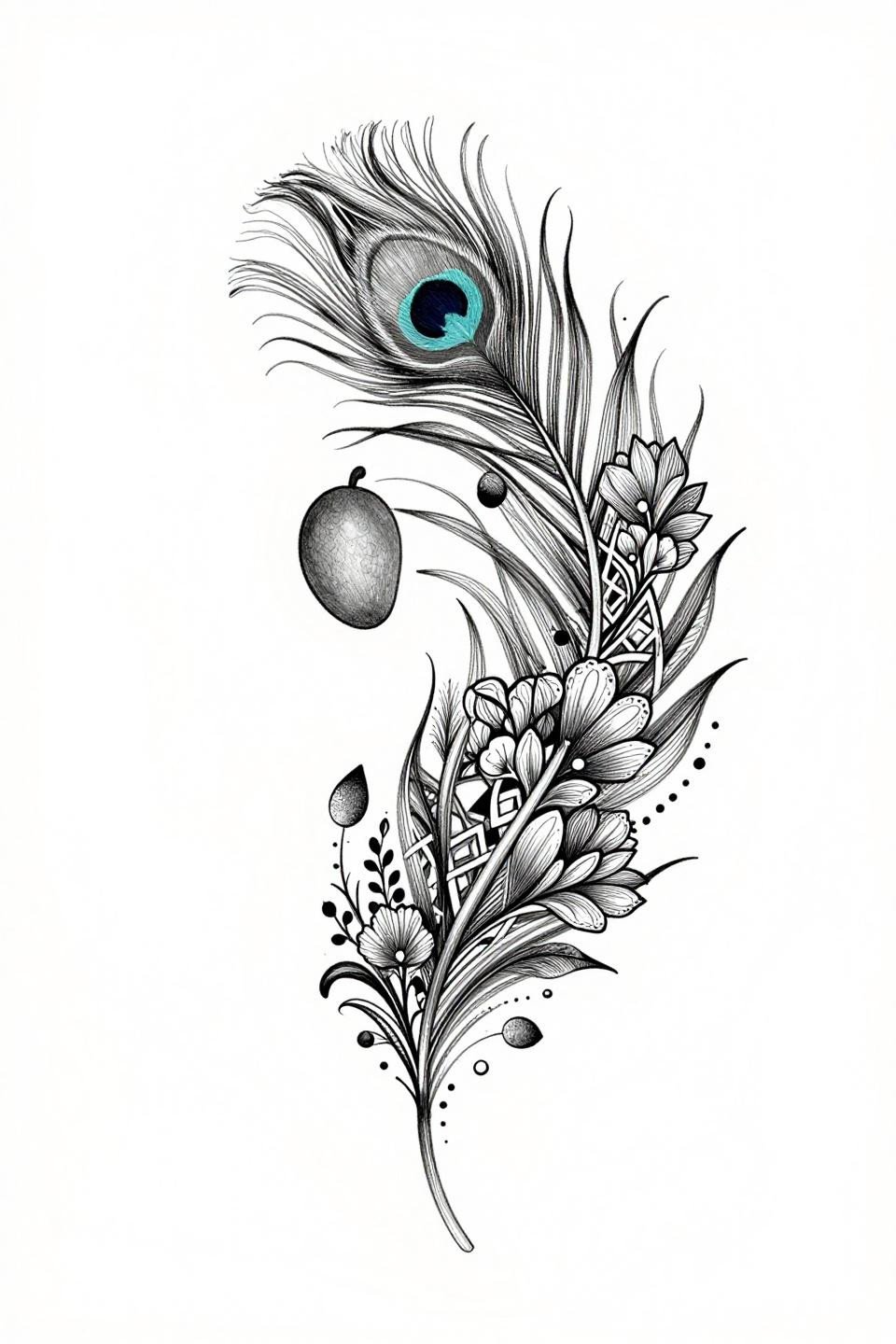 Pakistani mehndi designs botanical scientific flash, peacock feather asymmetric vine branching, teardrop mango nested motifs, hairline 0.5mm single needle, open negative space, grey wash midtones