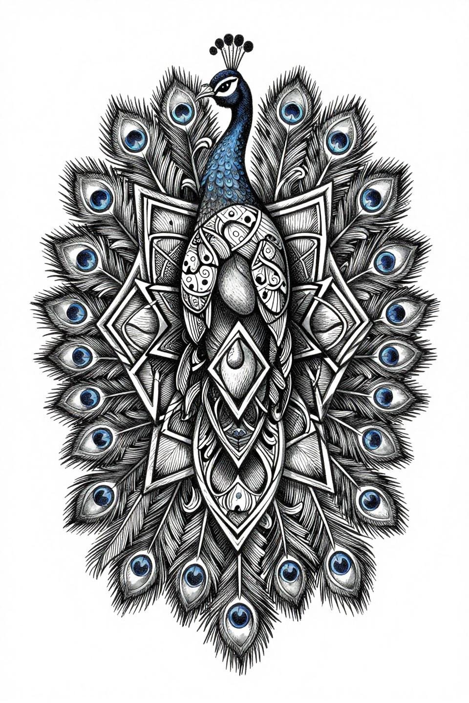 modern mehndi designs etching woodcut flash, symmetrical peacock tail radiating diamonds, crosshatch parallel line shading, mango shapes, bilateral mirrored symmetry, grey wash black ink