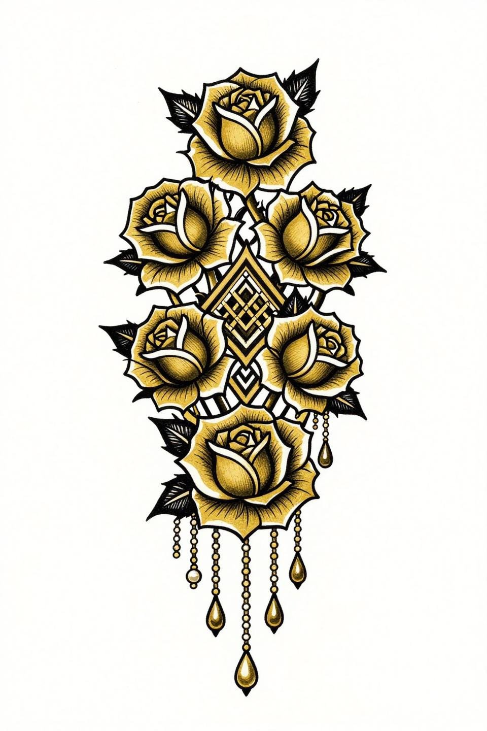 elegant mehndi designs Sak Yant style flash, stacked rose blooms, diamond lattice fills, teardrop chains pearl terminals, bold 2-3pt outlines, flat gold and black ink fills