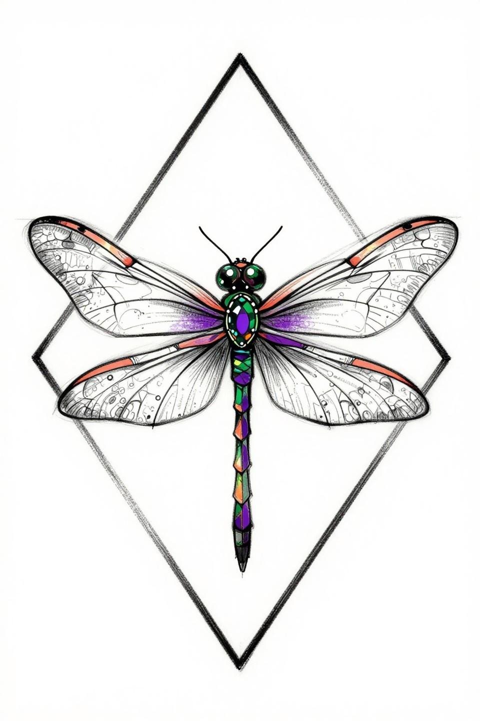 feminine back tattoo ornamental dragonfly flash, jeweled thorax gemstone motifs, bilateral symmetry, bold 2-3pt outlines flat coral deep purple forest green fills