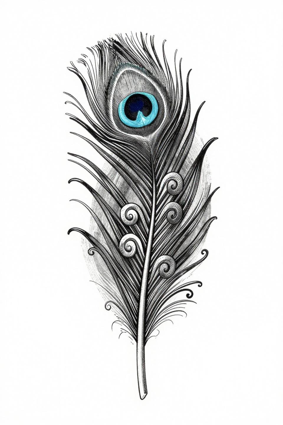 side back tattoo women etching woodcut peacock feather flash, baroque scroll detailing, central eye nested circular geometry, crosshatch parallel line engraving dense to open hatching grey wash midtones